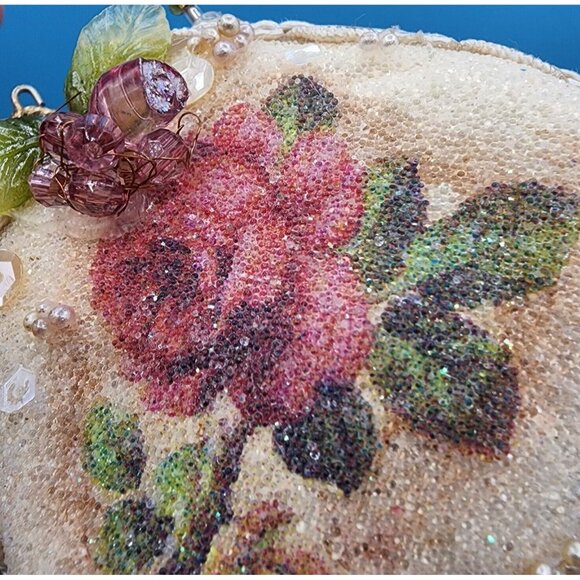Victorian "Sugared" Purse Ornaments Lace Roses Beaded Handle Tulle Ribbon Tassel - Picture 5 of 12